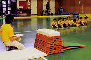 体育の授業とは別に放課後開催しているスポーツ教室。中心となる器械体操のカリキュラムでは、10級〜1級の進級性を採用し、それぞれが目標を定めて練習に取り組んでいます